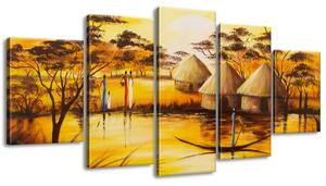 Ručně malovaný obraz Africká vesnice - 5 dílný Rozměry: 150 x 105 cm