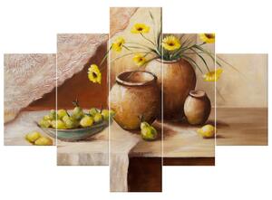 Ručně malovaný obraz Žluté květy ve váze - 5 dílný Rozměry: 150 x 105 cm