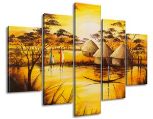 Ručně malovaný obraz Africká vesnice - 5 dílný Rozměry: 150 x 105 cm