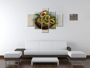 Ručně malovaný obraz Košík slunečnic - 5 dílný Rozměry: 100 x 70 cm