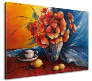 Ručně malovaný obraz Váza s vlčím mákem na stole Rozměry: 100 x 70 cm