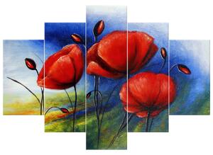 Ručně malovaný obraz Veselé máky - 5 dílný Rozměry: 150 x 105 cm