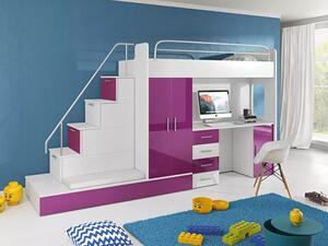 Dětská postel s psacím stolem RENI 5 - 80x200, bílá / fialová