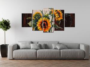 Ručně malovaný obraz Skromné slunečnice - 5 dílný Rozměry: 150 x 70 cm