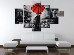 Ručně malovaný obraz Červený polibek v dešti - 5 dílný Rozměry: 150 x 105 cm