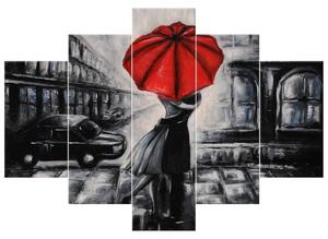 Ručně malovaný obraz Červený polibek v dešti - 5 dílný Rozměry: 150 x 105 cm