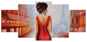 Ručně malovaný obraz Procházka při Eiffelově věži - 5 dílný Rozměry: 150 x 70 cm