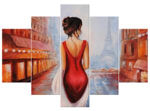 Ručně malovaný obraz Procházka při Eiffelově věži - 5 dílný Rozměry: 150 x 70 cm
