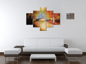 Ručně malovaný obraz Po podzimním mostě - 5 dílný Rozměry: 150 x 70 cm