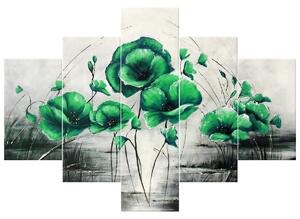 Ručně malovaný obraz Zelené Vlčí máky - 5 dílný Rozměry: 150 x 70 cm