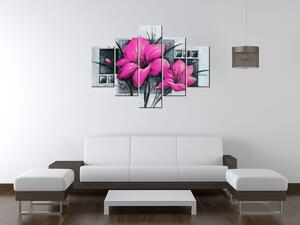 Ručně malovaný obraz Nádherné růžové Vlčí máky - 5 dílný Rozměry: 150 x 70 cm