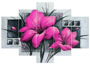 Ručně malovaný obraz Nádherné růžové Vlčí máky - 5 dílný Rozměry: 150 x 70 cm