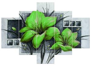 Ručně malovaný obraz Nádherné zelené Vlčí máky - 5 dílný Rozměry: 150 x 70 cm