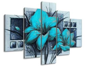 Ručně malovaný obraz Nádherné modré Vlčí máky - 5 dílný Rozměry: 150 x 70 cm