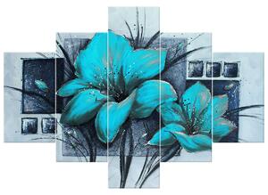 Ručně malovaný obraz Nádherné modré Vlčí máky - 5 dílný Rozměry: 150 x 105 cm