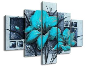Ručně malovaný obraz Nádherné modré Vlčí máky - 5 dílný Rozměry: 100 x 70 cm