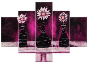 Ručně malovaný obraz Kopretinové růžové trio - 5 dílný Rozměry: 150 x 105 cm