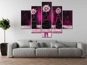 Ručně malovaný obraz Kopretinové růžové trio - 5 dílný Rozměry: 150 x 105 cm
