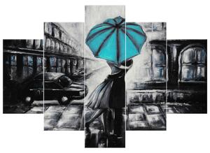 Ručně malovaný obraz Tyrkysový polibek v dešti - 5 dílný Rozměry: 100 x 70 cm