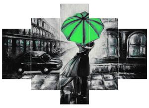 Ručně malovaný obraz Zelený polibek v dešti - 5 dílný Rozměry: 150 x 105 cm