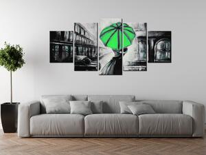 Ručně malovaný obraz Zelený polibek v dešti - 5 dílný Rozměry: 150 x 70 cm