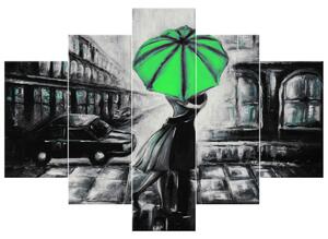 Ručně malovaný obraz Zelený polibek v dešti - 5 dílný Rozměry: 150 x 70 cm