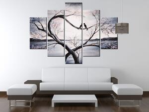 Ručně malovaný obraz Ptačí láska na větvi - 5 dílný Rozměry: 150 x 70 cm