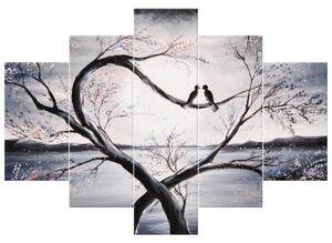 Ručně malovaný obraz Ptačí láska na větvi - 5 dílný Rozměry: 150 x 70 cm