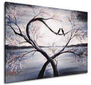 Ručně malovaný obraz Ptačí láska na větvi Rozměry: 100 x 70 cm