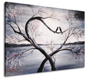 Ručně malovaný obraz Ptačí láska na větvi Velikost: 100 x 70 cm