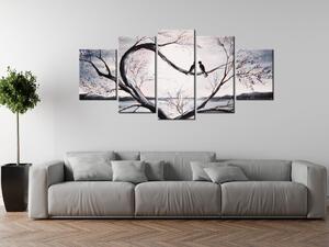 Ručně malovaný obraz Ptačí láska na větvi - 5 dílný Rozměry: 150 x 105 cm