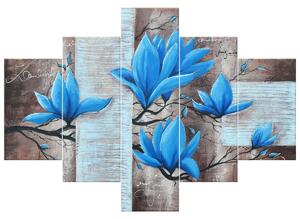 Ručně malovaný obraz Nádherná modrá magnolie - 5 dílný Rozměry: 150 x 105 cm