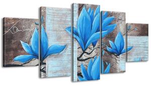 Ručně malovaný obraz Nádherná modrá magnolie - 5 dílný Rozměry: 150 x 105 cm