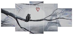 Ručně malovaný obraz Ptačí romantika v Paříži - 5 dílný Rozměry: 100 x 70 cm