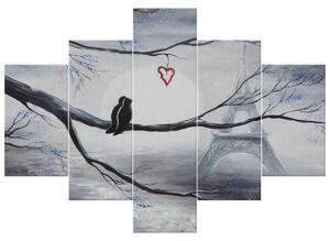 Ručně malovaný obraz Ptačí romantika v Paříži - 5 dílný Rozměry: 150 x 70 cm