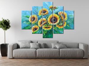 Ručně malovaný obraz Slunečnice v dešti - 5 dílný Rozměry: 150 x 105 cm