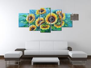 Ručně malovaný obraz Slunečnice v dešti - 5 dílný Rozměry: 150 x 105 cm