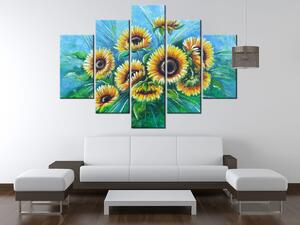 Ručně malovaný obraz Slunečnice v dešti - 5 dílný Rozměry: 150 x 70 cm