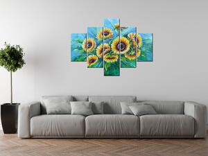 Ručně malovaný obraz Slunečnice v dešti - 5 dílný Rozměry: 150 x 70 cm