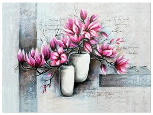 Ručně malovaný obraz Růžové magnolie ve váze Rozměry: 120 x 80 cm