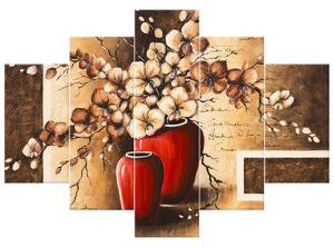 Ručně malovaný obraz Orchideje v červené váze - 5 dílný Rozměry: 150 x 70 cm