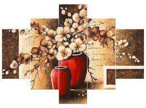 Ručně malovaný obraz Orchideje v červené váze - 5 dílný Rozměry: 150 x 70 cm