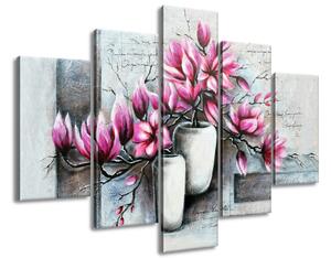 Ručně malovaný obraz Růžové magnolie ve váze - 5 dílný Rozměry: 150 x 105 cm
