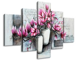 Ručně malovaný obraz Růžové magnolie ve váze - 5 dílný Rozměry: 150 x 70 cm