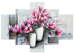 Ručně malovaný obraz Růžové magnolie ve váze - 5 dílný Rozměry: 100 x 70 cm