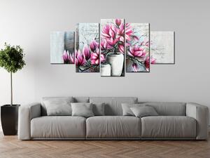 Ručně malovaný obraz Růžové magnolie ve váze - 5 dílný Rozměry: 150 x 70 cm