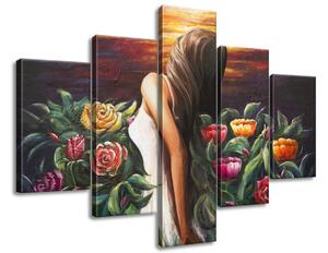 Ručně malovaný obraz Žena mezi květinami - 5 dílný Rozměry: 100 x 70 cm
