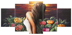 Ručně malovaný obraz Žena mezi květinami - 5 dílný Rozměry: 150 x 70 cm