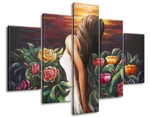 Ručně malovaný obraz Žena mezi květinami - 5 dílný Rozměry: 150 x 70 cm