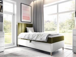 Hotelová jednolůžková postel 80x200 ROCIO 1 - bílá ekokůže / khaki, pravé provedení + topper ZDARMA